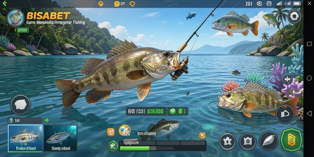 Screenshot BISABET menunjukkan pemain menangkap ikan besar dalam suasana yang menantang.