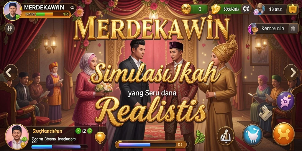 Screenshot gameplay MERDEKAWIN yang menampilkan momen pernikahan yang seru.