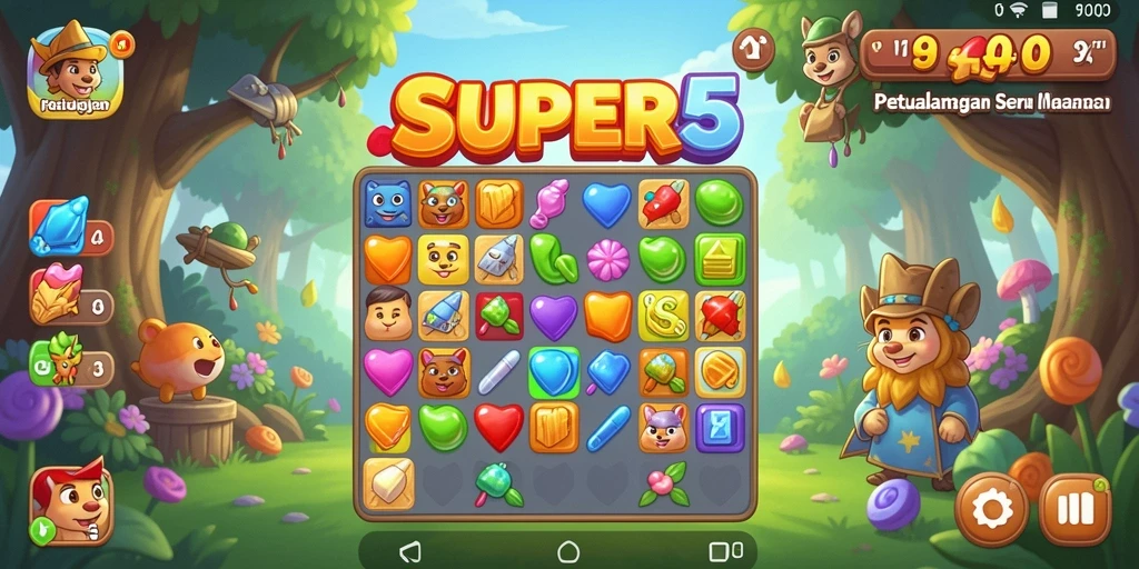 Tampilan gameplay SUPER5 yang penuh warna dan menarik.