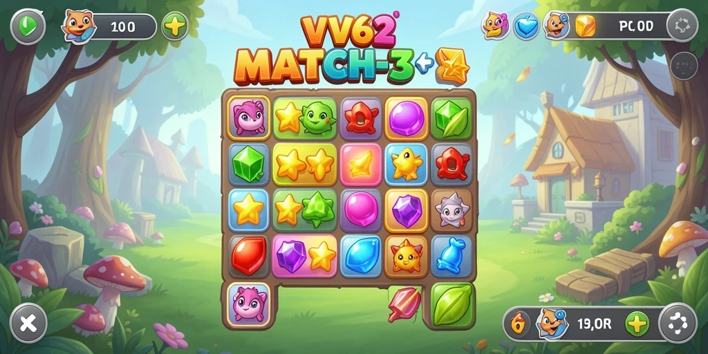 Tampilan menawan gameplay Match-3 di VV62 dengan kombinasi warna-warni.